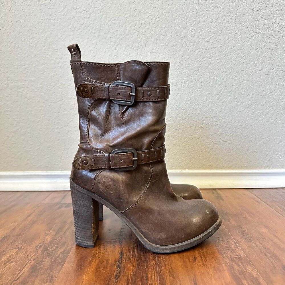 HENRY BEGUELIN Mid Calf Strap Buckle Heeled Boots Brown Leather